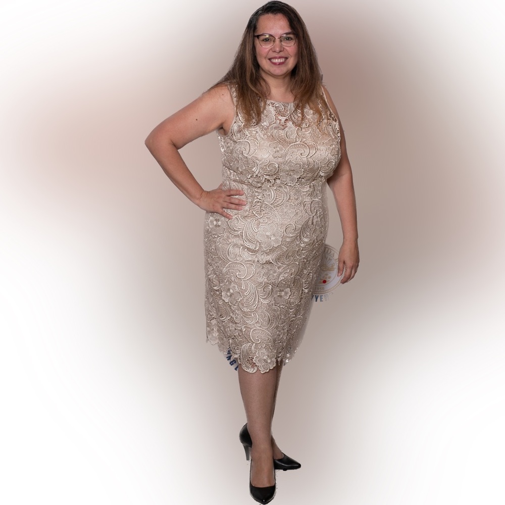 Adrianna Papell Dress 16 W Matte Gold Lace Wedding Party Event Sheath w Bra